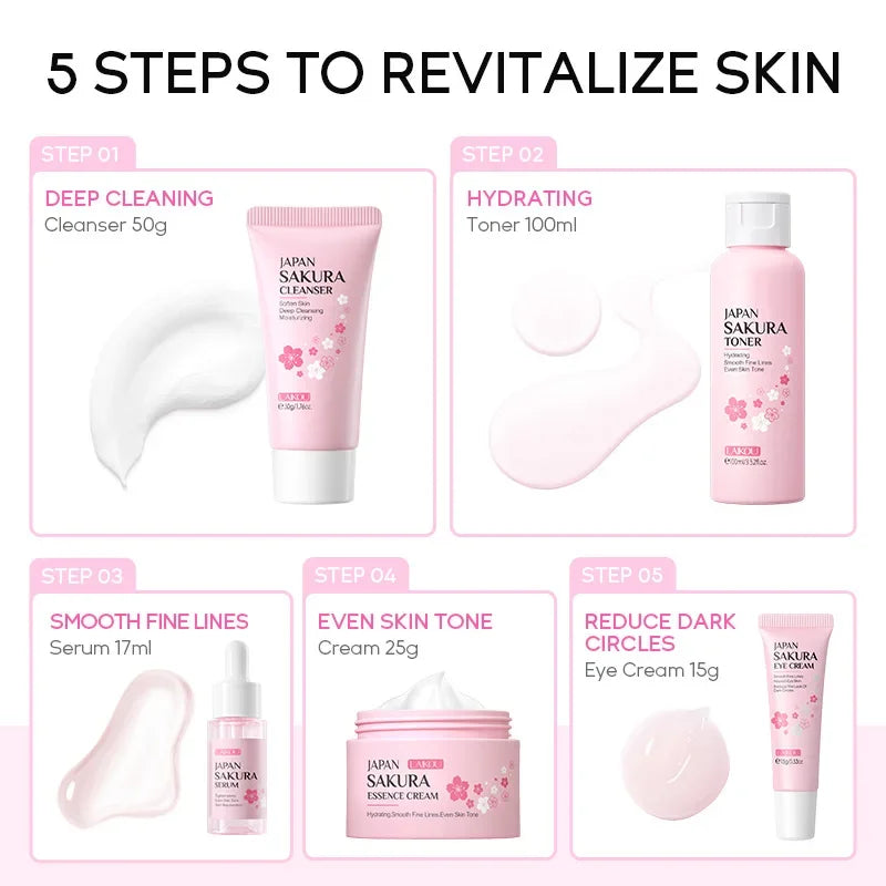 🌸 Sakura 5-Piece Korean Skincare Set Moisturize. Glow. Anti-aging. ✨ Complete routine in one luxurious box.