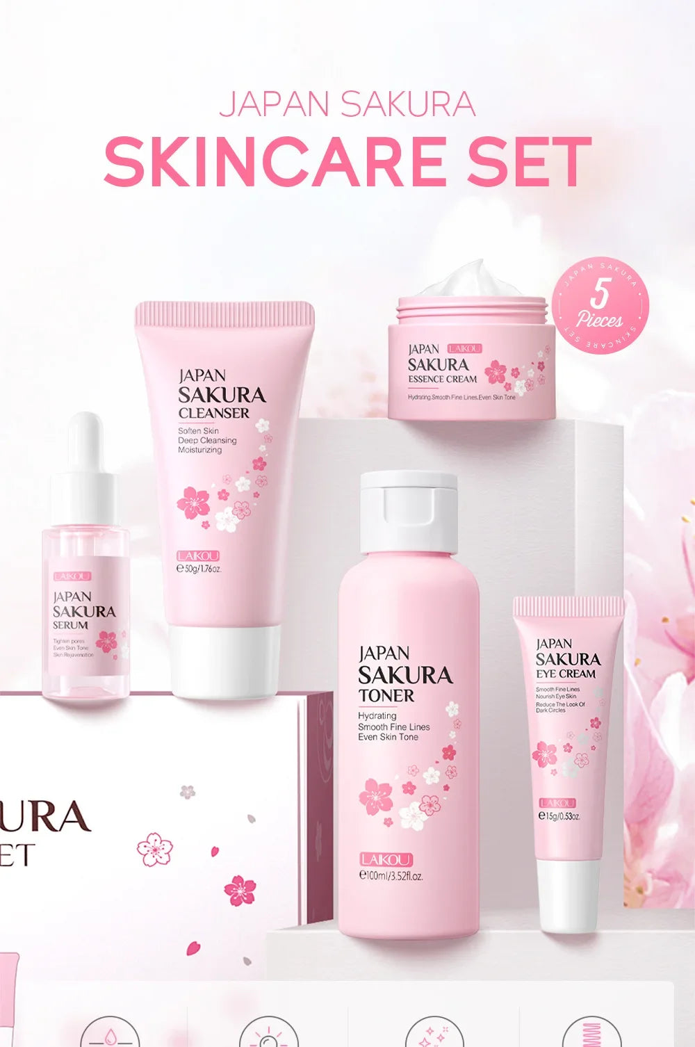 🌸 Sakura 5-Piece Korean Skincare Set Moisturize. Glow. Anti-aging. ✨ Complete routine in one luxurious box.