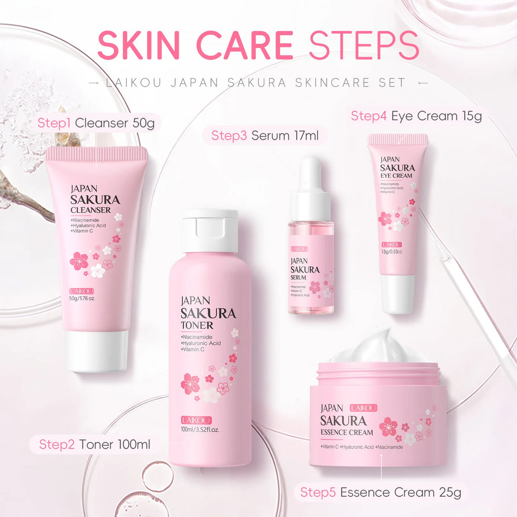 🌸 Sakura 5-Piece Korean Skincare Set Moisturize. Glow. Anti-aging. ✨ Complete routine in one luxurious box.