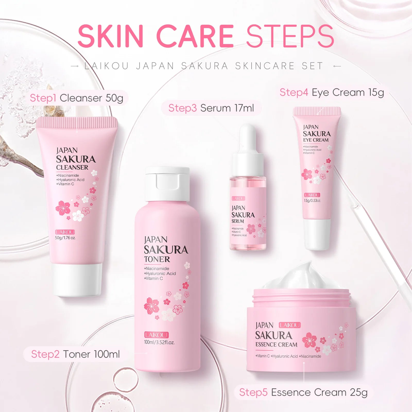 🌸 Sakura 5-Piece Korean Skincare Set Moisturize. Glow. Anti-aging. ✨ Complete routine in one luxurious box.