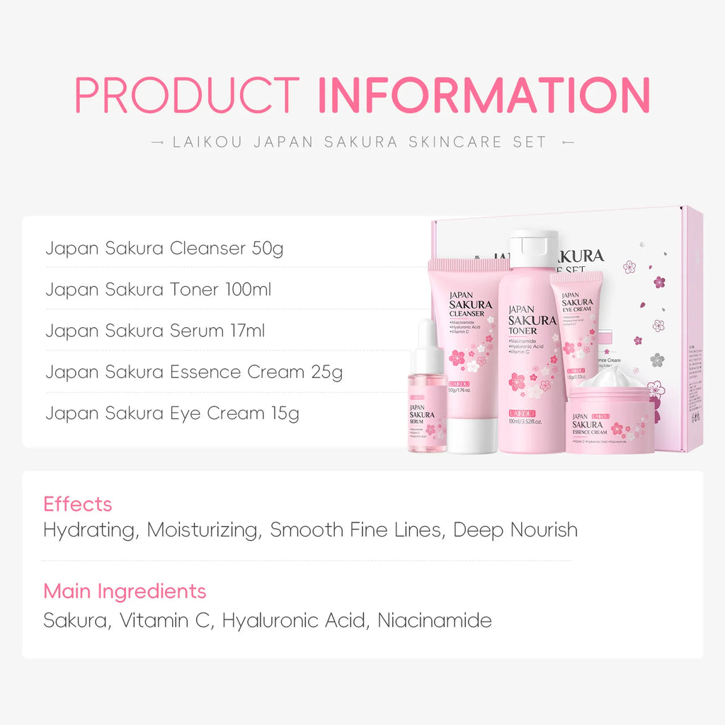 🌸 Sakura 5-Piece Korean Skincare Set Moisturize. Glow. Anti-aging. ✨ Complete routine in one luxurious box.
